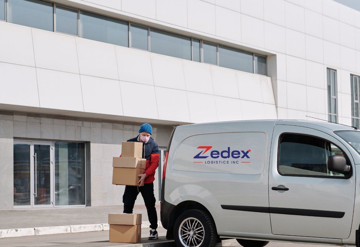 A Zedex driver unloading parcels from a branded van